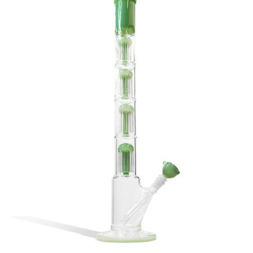 Green 24 Inch Quad Perc Waterpipe with Color Matched Base and Mouthpiece on white background