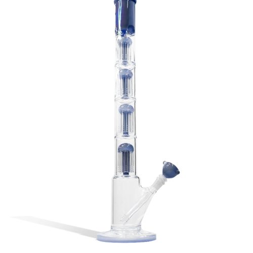 Blue 24 Inch Quad Perc Waterpipe with Color Matched Base and Mouthpiece on white background