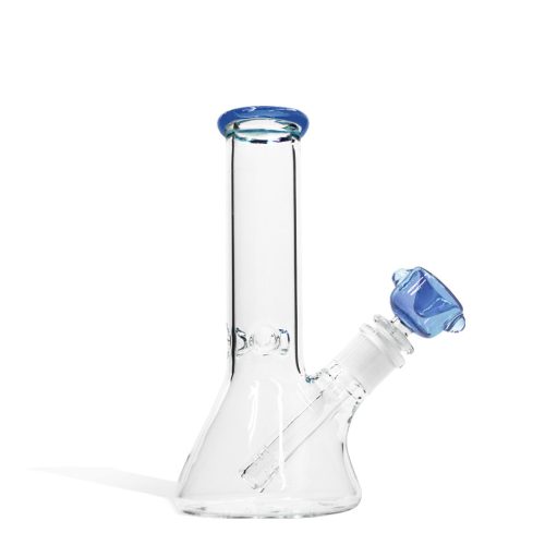 Clear Blue 8 inch Beaker Water Pipe with Ice Pinch and Colored Bowl on white background