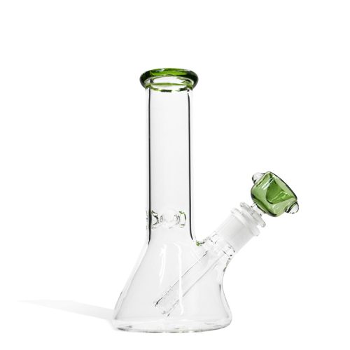 Green 8 inch Beaker Water Pipe with Ice Pinch and Colored Bowl on white background