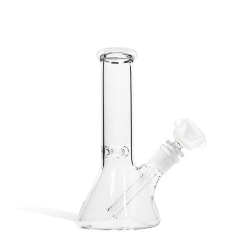 White 8 inch Beaker Water Pipe with Ice Pinch and Colored Bowl on white background