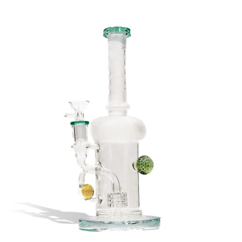 Lake Green 9 inch water pipe with honey comb perc and 14mm funnel bowl on white studio background