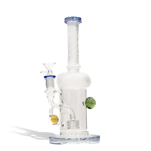 Light Blue 9 inch water pipe with honey comb perc and 14mm funnel bowl on white studio background