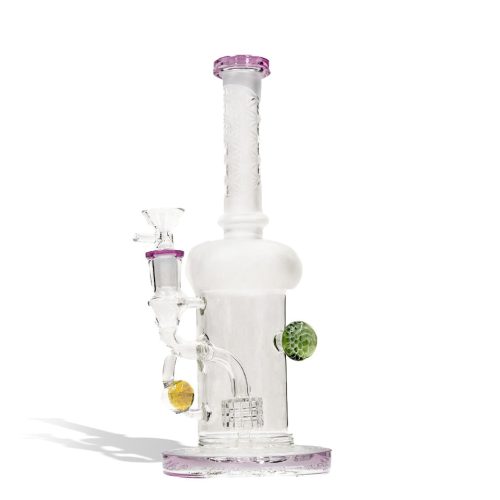 Milky Pink 9 inch water pipe with honey comb perc and 14mm funnel bowl on white studio background