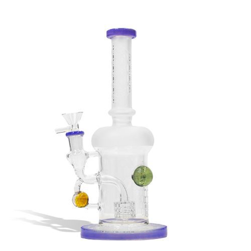 Milk Purple 9 inch water pipe with honey comb perc and 14mm funnel bowl on white studio background