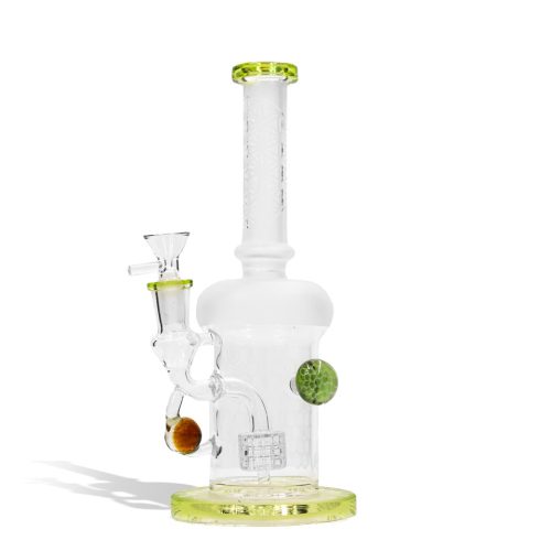 Mint 9 inch water pipe with honey comb perc and 14mm funnel bowl on white studio background