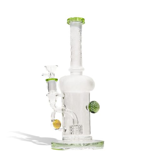 Green slime 9 inch water pipe with honey comb perc and 14mm funnel bowl on white studio background