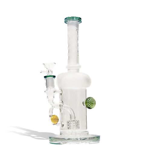 Teal 9 inch water pipe with honey comb perc and 14mm funnel bowl on white studio background