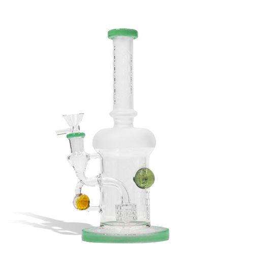 Tide Green 9 inch water pipe with honey comb perc and 14mm funnel bowl on white studio background