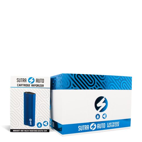 Blue w/single pack Sutra Vape Auto Cartridge Vaporizer 12pk on white background