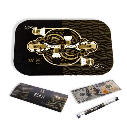 King Franklin Dark Benji OG Metal Rolling Tray with Magnetic Lid Kit on white background