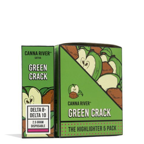 Green Crack Canna River 2.5g D8 and D10 Highlighter Disposable 5pk Front View on White Background