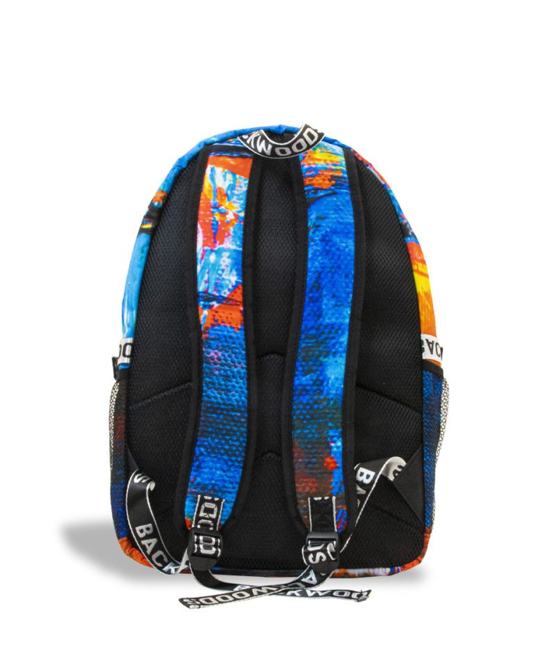 custom artwor bw backpack blue textured back