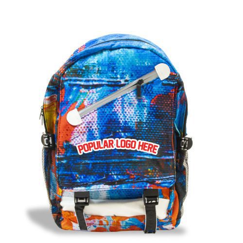 Custom Artwork BW Backpack front view textured on white studio background