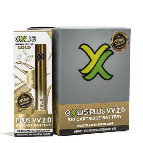 Gold Exxus Vape Plus VV 2.0 Cartridge Vaporizer 12pk Packaging Front View on White Background