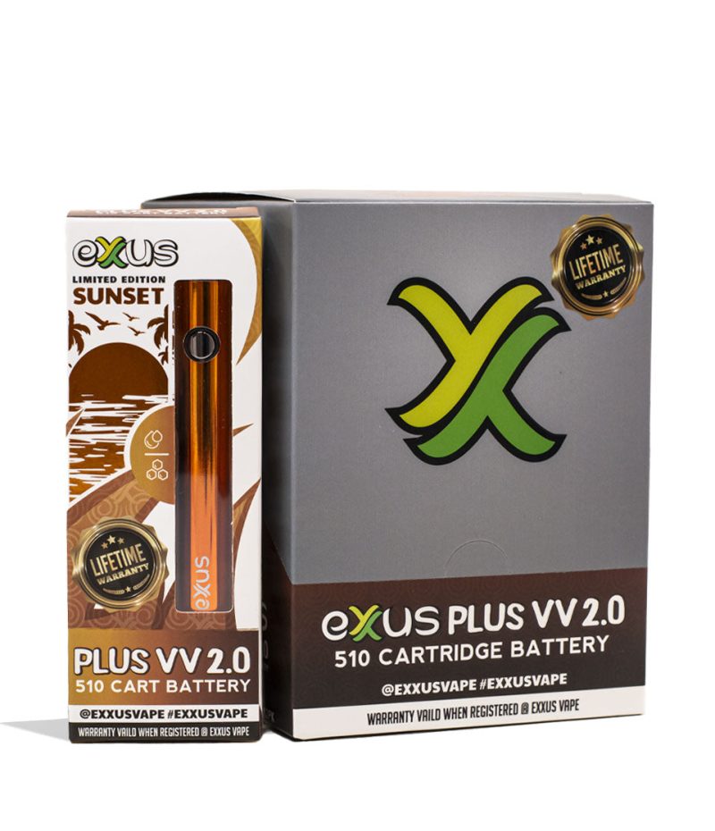 Sunset Exxus Vape Plus VV 2.0 Cartridge Vaporizer 12pk Packaging Front View on White Background