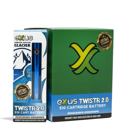 Glacier Exxus Vape Twistr 2.0 Cartridge Vaporizer 12pk Packaging Front View on White Background