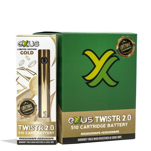 Gold Exxus Vape Twistr 2.0 Cartridge Vaporizer 12pk Packaging Front View on White Background