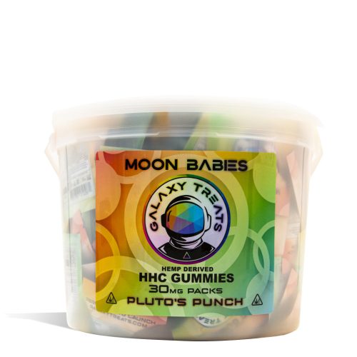 Plutos Punch Galaxy Treats 50mg HHC Gummies 100pk on white studio background