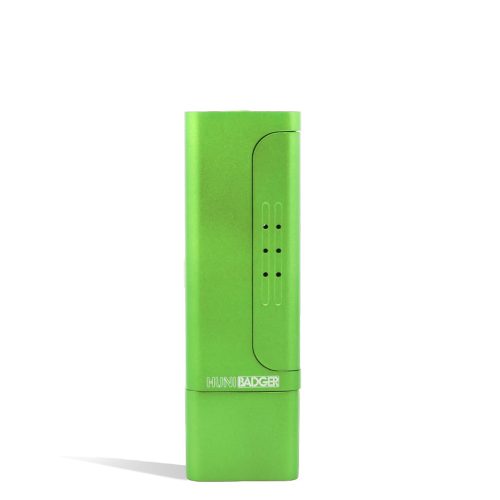 Green front view Huni Badger Portable Electronic Vertical Vaporizer on white studio background