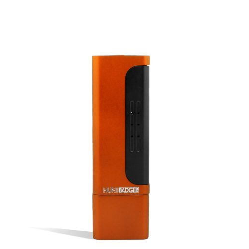 Orange front view Huni Badger Portable Electronic Vertical Vaporizer on white studio background