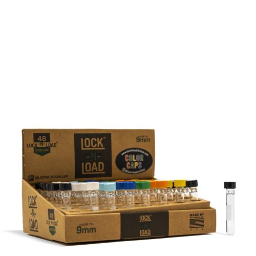 Assorted Colors Biohazard Glass Lock-N-Load 9mm Chillum Display on white background