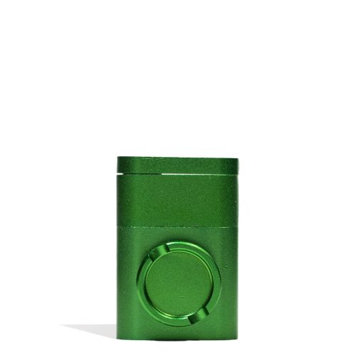 Green Metal Herb Grinder with Built In Pipe Front View on White Background