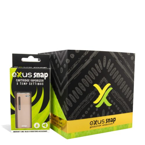 Gold w/single pack Exxus Vape Snap Cartridge Vaporizer 12pk on white studio background