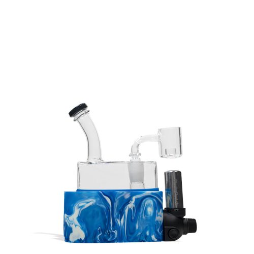 Blue White Stache Rio Portable Dab Rig on white studio background