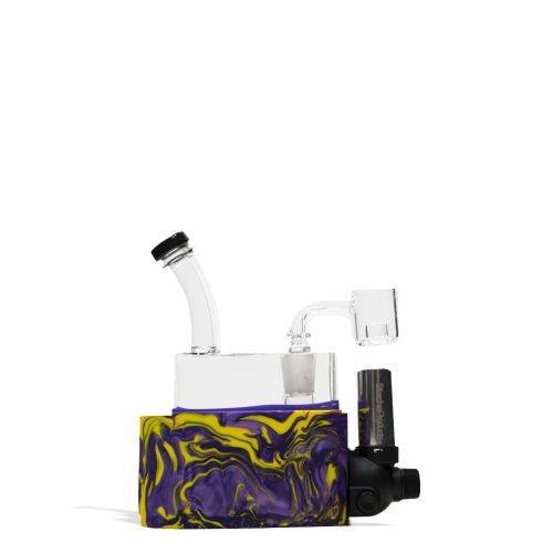 Purple yellow Stache Rio Portable Dab Rig on white studio background