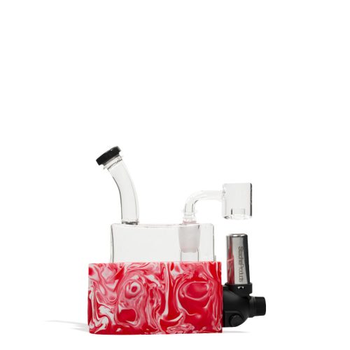 Red pink Stache Rio Portable Dab Rig on white studio background