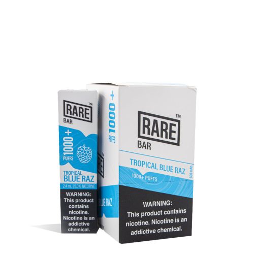 Tropical Blue Raz Rare Bar Disposable Device 10pk on white studio background