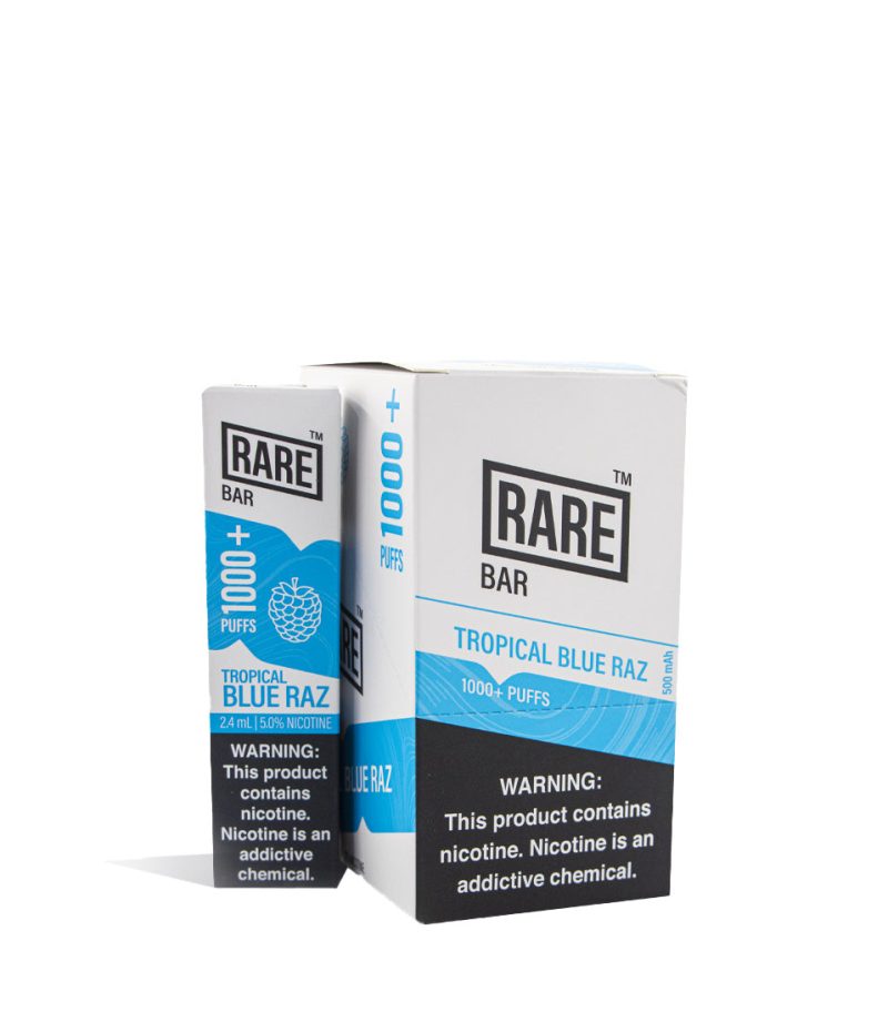 Tropical Blue Raz Rare Bar Disposable Device 10pk on white studio background