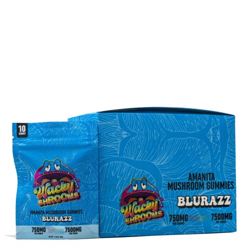 Blue Razz Wacky Shrooms 7500mg Amanita Mushroom Gummies 10pk Front View on White Background