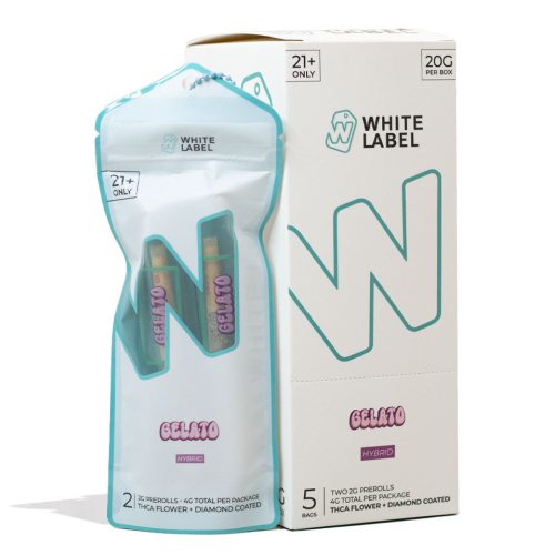 Gelato White Label 2g THC-A + Diamond Pre Roll 5pk of 2pk Front View on White Background